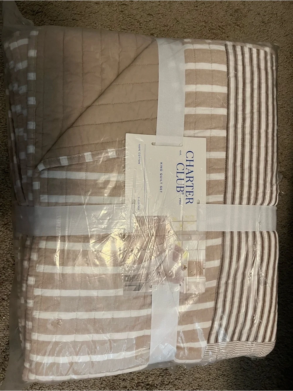 Charter Club Neutral Striped King Quilt in Beige and Cream